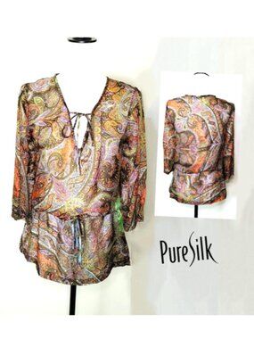 ZINGARA 100% Silk Orange Brown Paisley Tunic Top Tie V-Neck L-Sleeve Drawstring